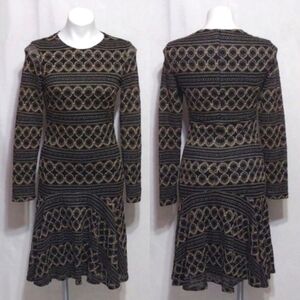 Joseph Ribkoff Gold Stitch Jersey Dress US 6 Long Sleeve Tiered Chic Elegant